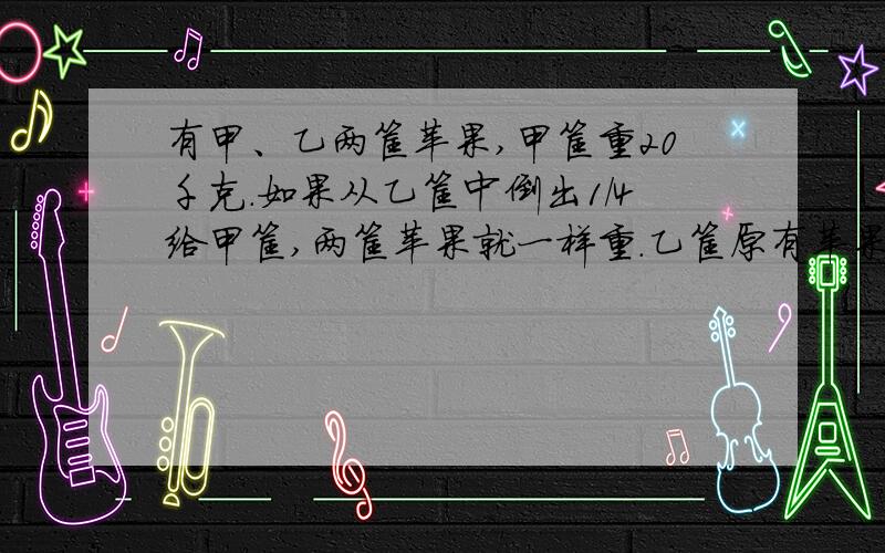 有甲、乙两筐苹果,甲筐重20千克.如果从乙筐中倒出1/4给甲筐,两筐苹果就一样重.乙筐原有苹果多少千克?