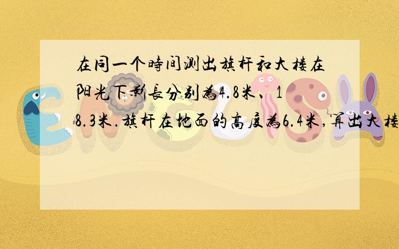 在同一个时间测出旗杆和大楼在阳光下影长分别为4.8米、18.3米.旗杆在地面的高度为6.4米,算出大楼的高度