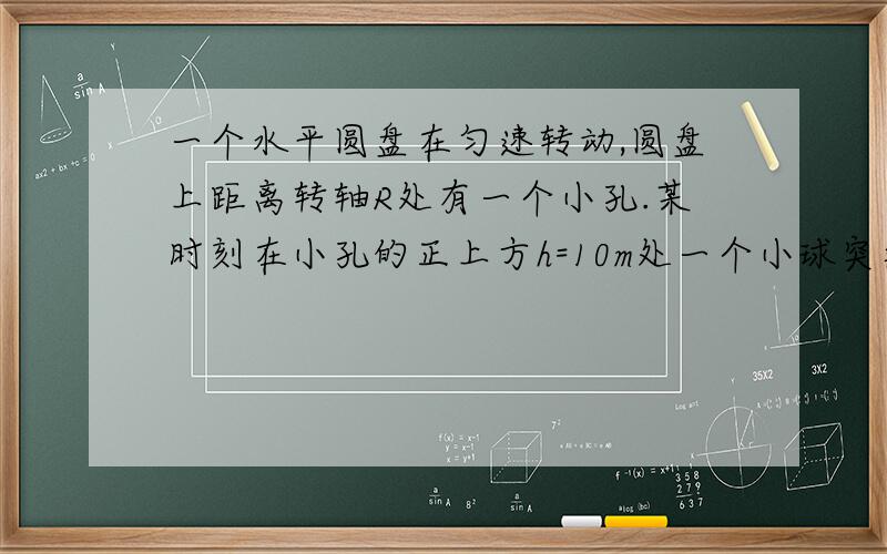 一个水平圆盘在匀速转动,圆盘上距离转轴R处有一个小孔.某时刻在小孔的正上方h=10m处一个小球突然自由下落,若要使小球能