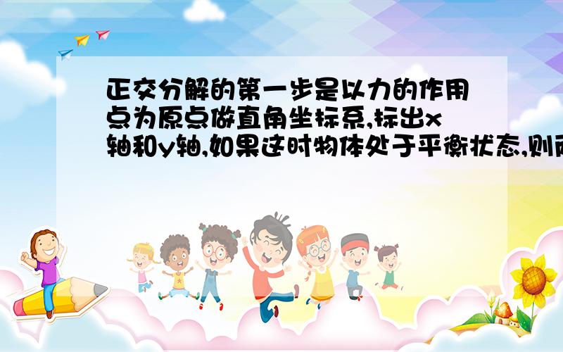 正交分解的第一步是以力的作用点为原点做直角坐标系,标出x轴和y轴,如果这时物体处于平衡状态,则两轴的方向可根据方便自己选