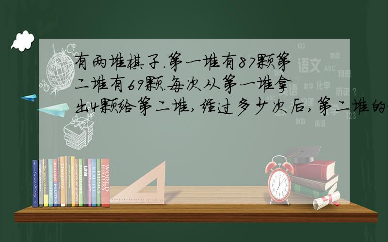 有两堆棋子.第一堆有87颗第二堆有69颗.每次从第一堆拿出4颗给第二堆,经过多少次后,第二堆的旗子数是第