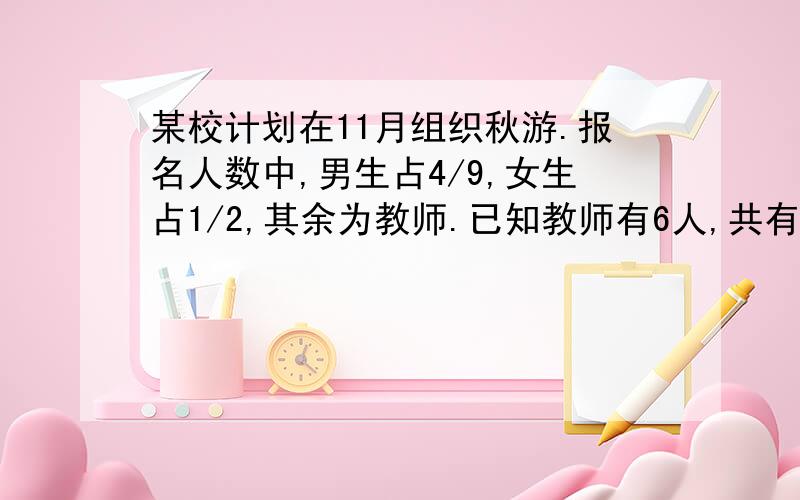 某校计划在11月组织秋游.报名人数中,男生占4/9,女生占1/2,其余为教师.已知教师有6人,共有多少人报名参加