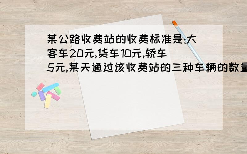 某公路收费站的收费标准是:大客车20元,货车10元,轿车5元,某天通过该收费站的三种车辆的数量之比是3:5:4