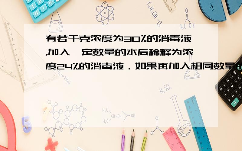 有若干克浓度为30%的消毒液，加入一定数量的水后稀释为浓度24%的消毒液．如果再加入相同数量的水，消毒液的浓度将变为__