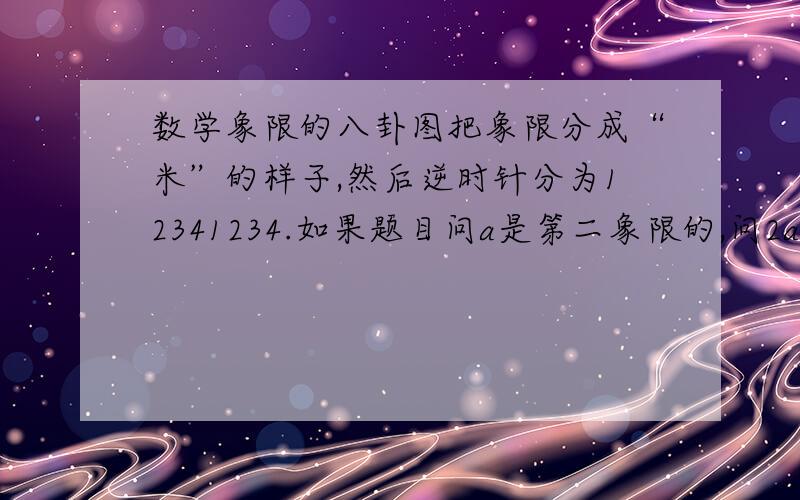 数学象限的八卦图把象限分成“米”的样子,然后逆时针分为12341234.如果题目问a是第二象限的,问2a或a/2,怎么看