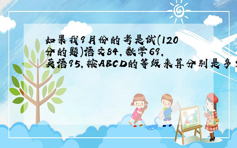 如果我9月份的考是试(120分的题)语文84，数学69，英语95，按ABCD的等级来算分别是多少？