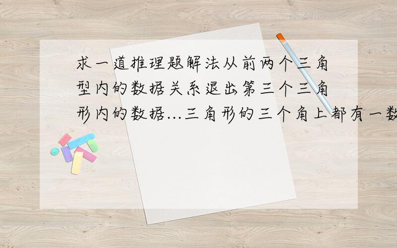 求一道推理题解法从前两个三角型内的数据关系退出第三个三角形内的数据...三角形的三个角上都有一数字,三角形内也有一个数字