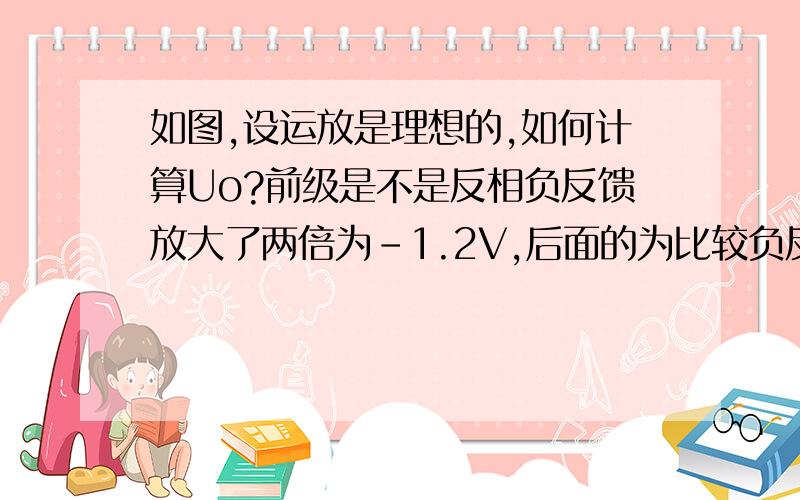 如图,设运放是理想的,如何计算Uo?前级是不是反相负反馈放大了两倍为-1.2V,后面的为比较负反馈,求计算