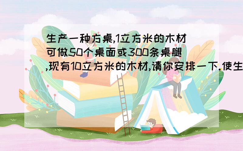 生产一种方桌,1立方米的木材可做50个桌面或300条桌腿,现有10立方米的木材,请你安排一下.使生产出的桌面与桌腿刚好配