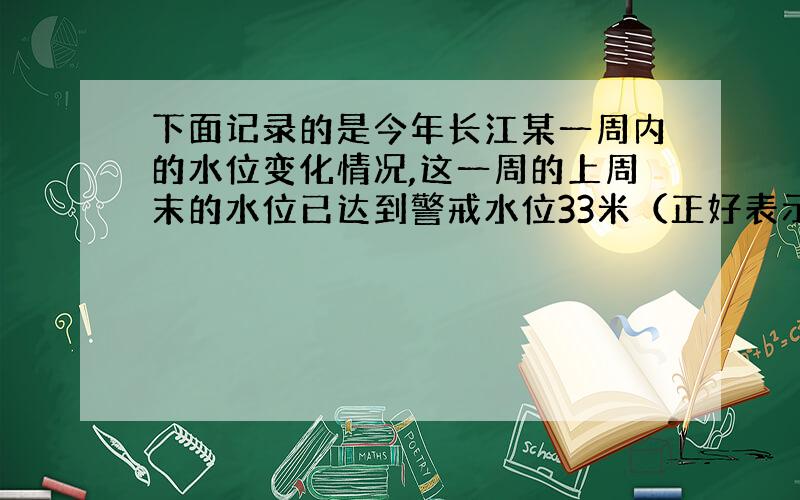 下面记录的是今年长江某一周内的水位变化情况,这一周的上周末的水位已达到警戒水位33米（正好表示水位比前一天上升,符号表示