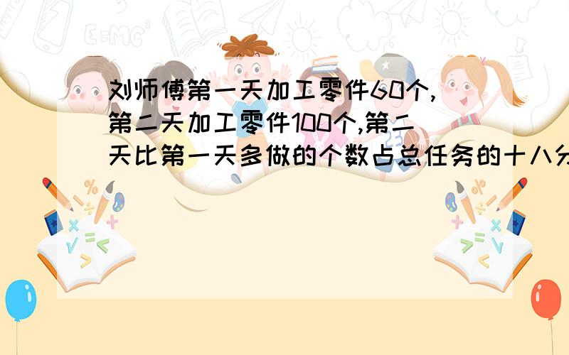 刘师傅第一天加工零件60个,第二天加工零件100个,第二天比第一天多做的个数占总任务的十八分之一,这批零件共有多少个?