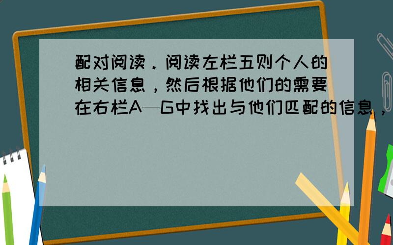 配对阅读。阅读左栏五则个人的相关信息，然后根据他们的需要在右栏A—G中找出与他们匹配的信息，并在答题卡上将选项涂黑。(有