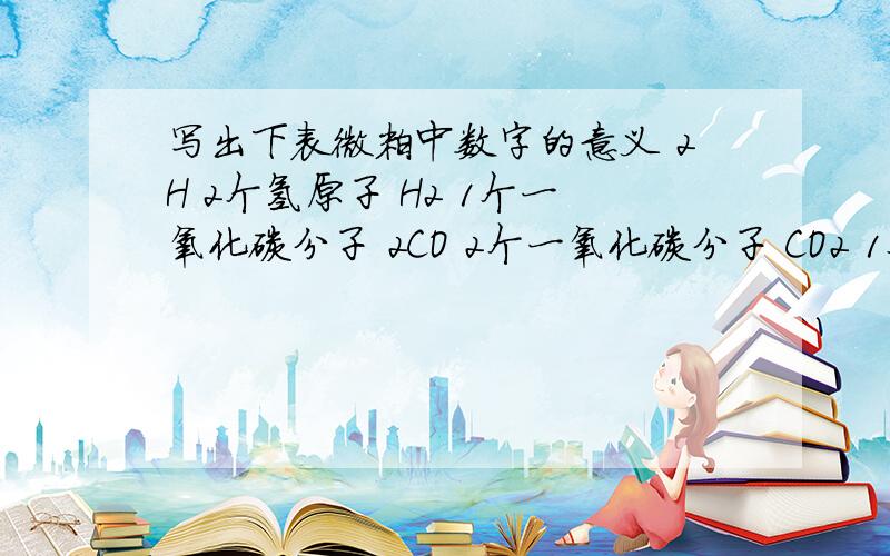 写出下表微粒中数字的意义 2H 2个氢原子 H2 1个一氧化碳分子 2CO 2个一氧化碳分子 CO2 1个二氧化碳分子