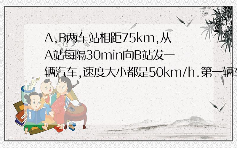 A,B两车站相距75km,从A站每隔30min向B站发一辆汽车,速度大小都是50km/h.第一辆车到达B站后,立即以相