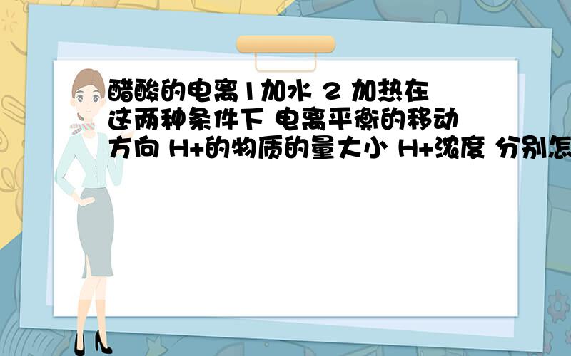 醋酸的电离1加水 2 加热在这两种条件下 电离平衡的移动方向 H+的物质的量大小 H+浓度 分别怎么变化?