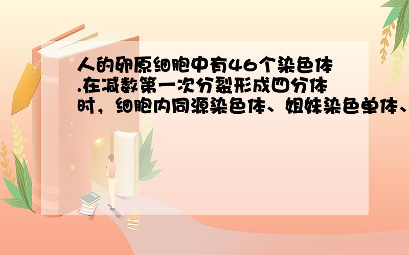 人的卵原细胞中有46个染色体.在减数第一次分裂形成四分体时，细胞内同源染色体、姐妹染色单体、DNA分子的数目依次为（