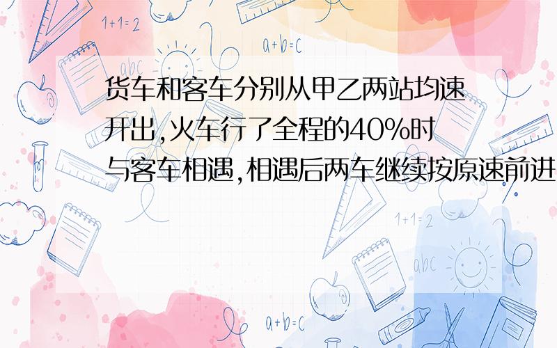 货车和客车分别从甲乙两站均速开出,火车行了全程的40%时与客车相遇,相遇后两车继续按原速前进