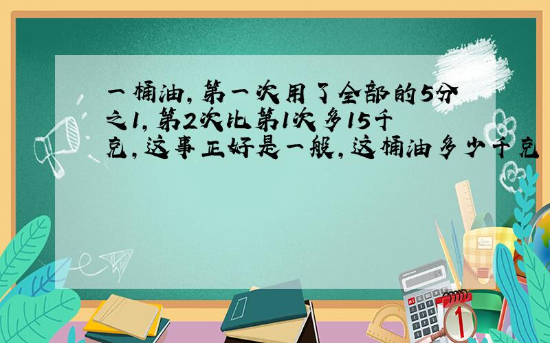 一桶油,第一次用了全部的5分之1,第2次比第1次多15千克,这事正好是一般,这桶油多少千克