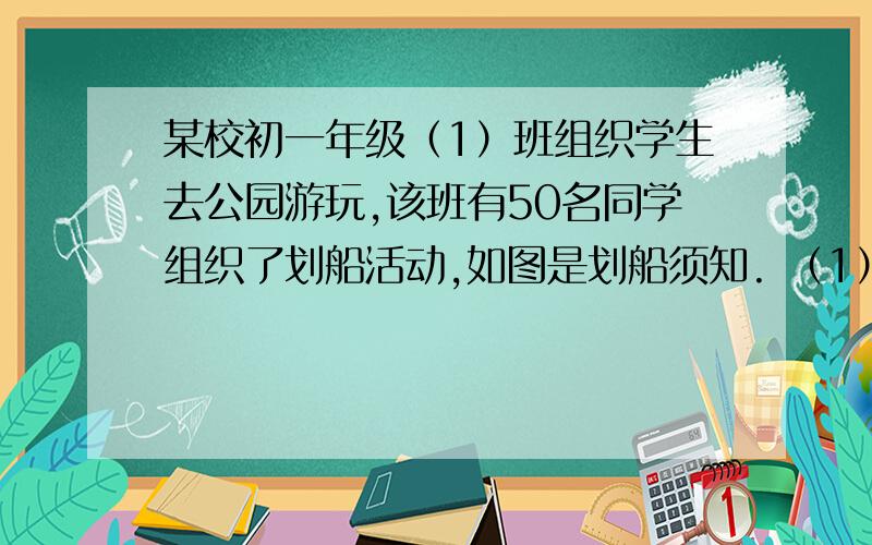 某校初一年级（1）班组织学生去公园游玩,该班有50名同学组织了划船活动,如图是划船须知. （1）他们一共租了10条船,并