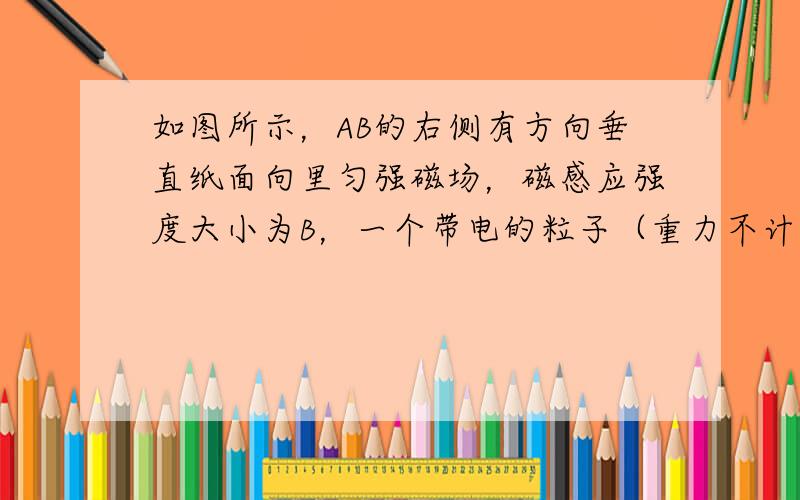 如图所示，AB的右侧有方向垂直纸面向里匀强磁场，磁感应强度大小为B，一个带电的粒子（重力不计）质量为m，电量大小为q，以