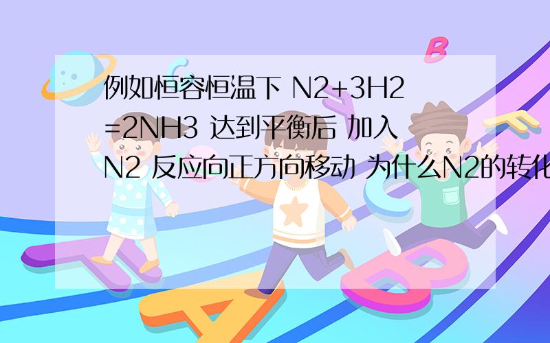 例如恒容恒温下 N2+3H2=2NH3 达到平衡后 加入N2 反应向正方向移动 为什么N2的转化率会减少 听人说是分子和