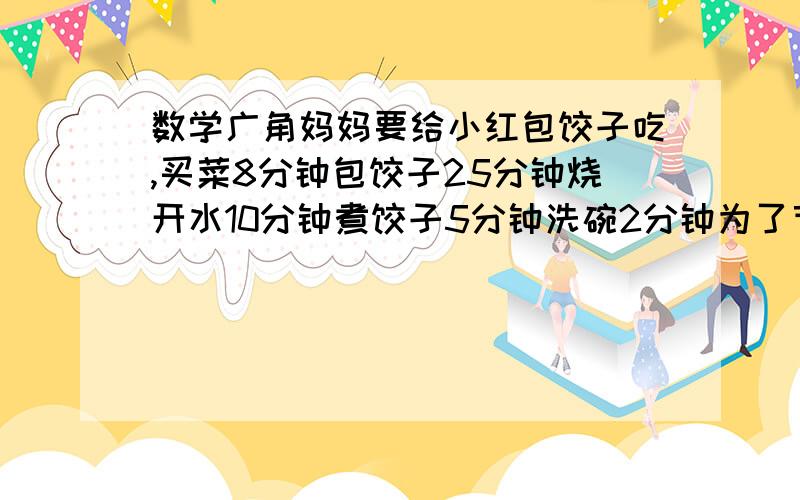 数学广角妈妈要给小红包饺子吃,买菜8分钟包饺子25分钟烧开水10分钟煮饺子5分钟洗碗2分钟为了节省时间怎么