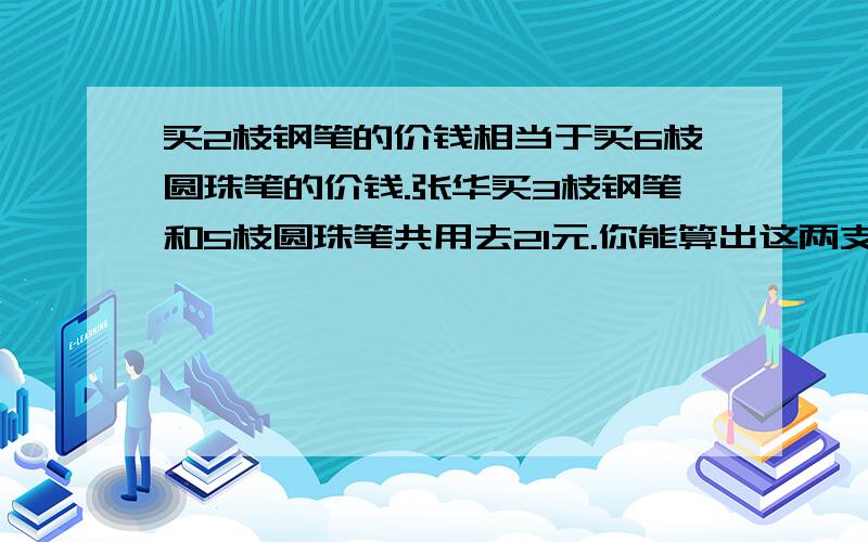 买2枝钢笔的价钱相当于买6枝圆珠笔的价钱.张华买3枝钢笔和5枝圆珠笔共用去21元.你能算出这两支笔每支多少元吗?