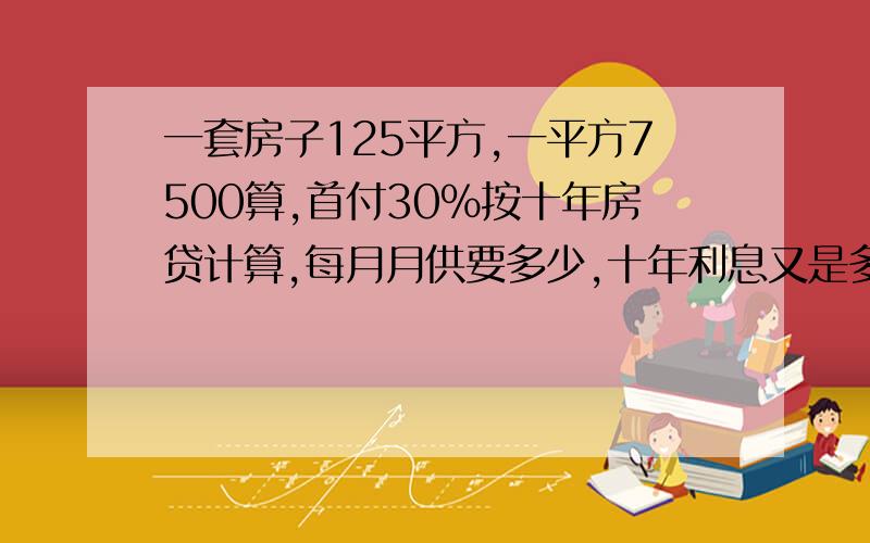 一套房子125平方,一平方7500算,首付30%按十年房贷计算,每月月供要多少,十年利息又是多少?