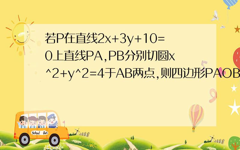 若P在直线2x+3y+10=0上直线PA,PB分别切圆x^2+y^2=4于AB两点,则四边形PAOB的面积最小为___