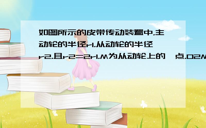 如图所示的皮带传动装置中，主动轮的半径r1，从动轮的半径r2，且r2=2r1，M为从动轮上的一点，O2M=r22，N为主