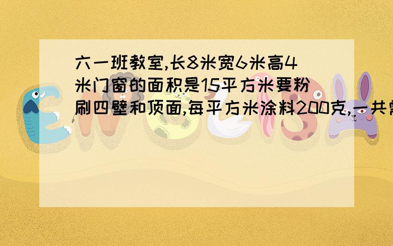 六一班教室,长8米宽6米高4米门窗的面积是15平方米要粉刷四壁和顶面,每平方米涂料200克,一共需要涂料多