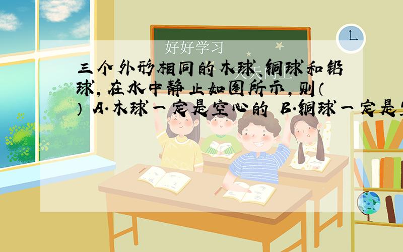 三个外形相同的木球、铜球和铅球,在水中静止如图所示,则（） A.木球一定是空心的 B.铜球一定是空心的