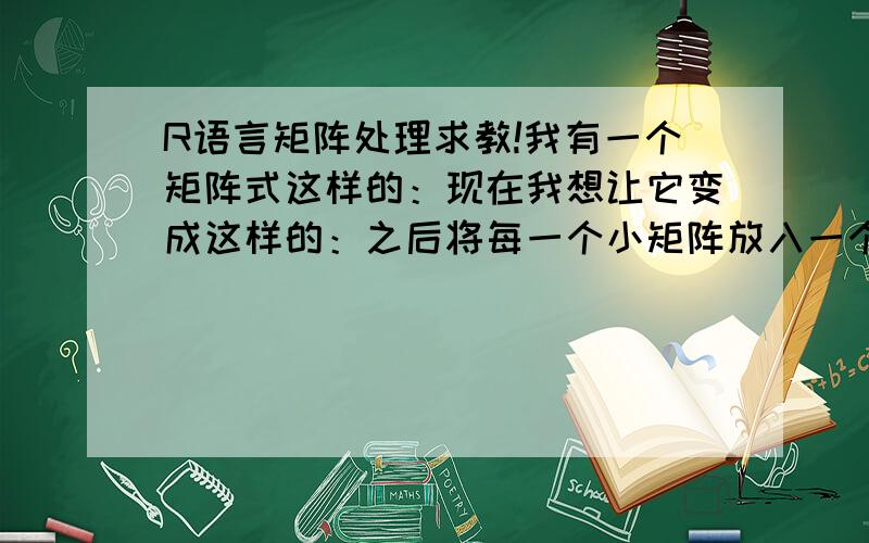 R语言矩阵处理求教!我有一个矩阵式这样的：现在我想让它变成这样的：之后将每一个小矩阵放入一个列表中,可以通过列表的索引来