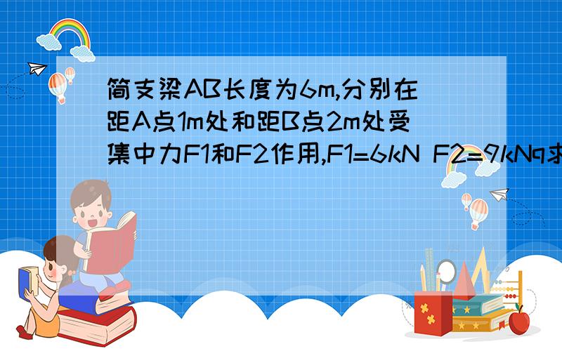 简支梁AB长度为6m,分别在距A点1m处和距B点2m处受集中力F1和F2作用,F1=6kN F2=9kNq求弯矩图与剪力