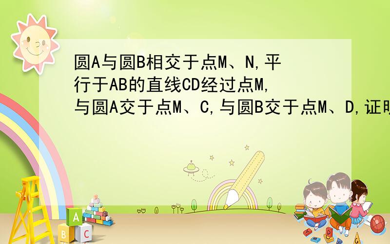 圆A与圆B相交于点M、N,平行于AB的直线CD经过点M,与圆A交于点M、C,与圆B交于点M、D,证明CD=2AB