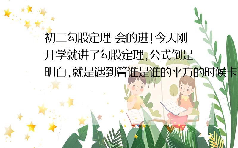 初二勾股定理 会的进!今天刚开学就讲了勾股定理,公式倒是明白,就是遇到算谁是谁的平方的时候卡壳了