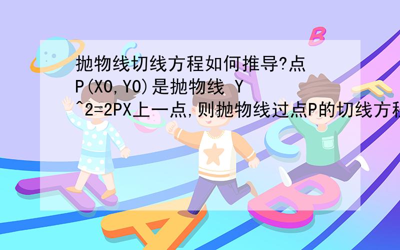 抛物线切线方程如何推导?点 P(X0,Y0)是抛物线 Y^2=2PX上一点,则抛物线过点P的切线方程是：Y0Y=P(X0