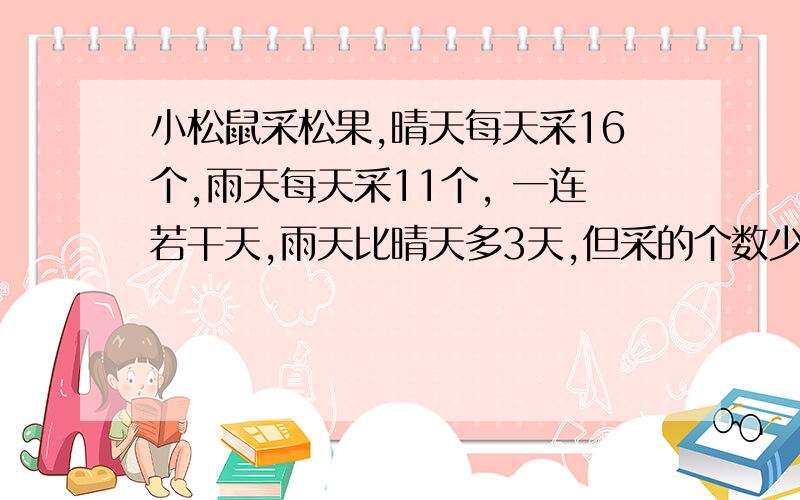 小松鼠采松果,晴天每天采16个,雨天每天采11个, 一连若干天,雨天比晴天多3天,但采的个数少27,共采几天?