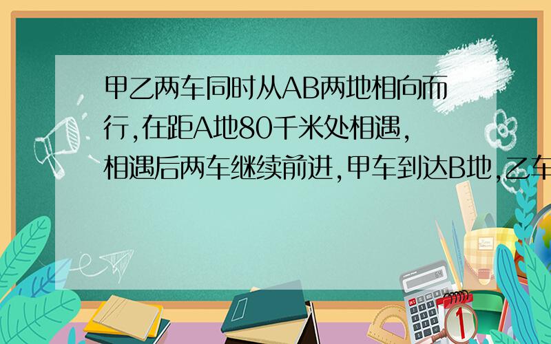 甲乙两车同时从AB两地相向而行,在距A地80千米处相遇,相遇后两车继续前进,甲车到达B地,乙车到达A地后均