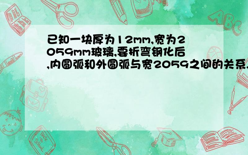 已知一块厚为12mm,宽为2059mm玻璃,要折弯钢化后,内圆弧和外圆弧与宽2059之间的关系,下料尺寸是多少?