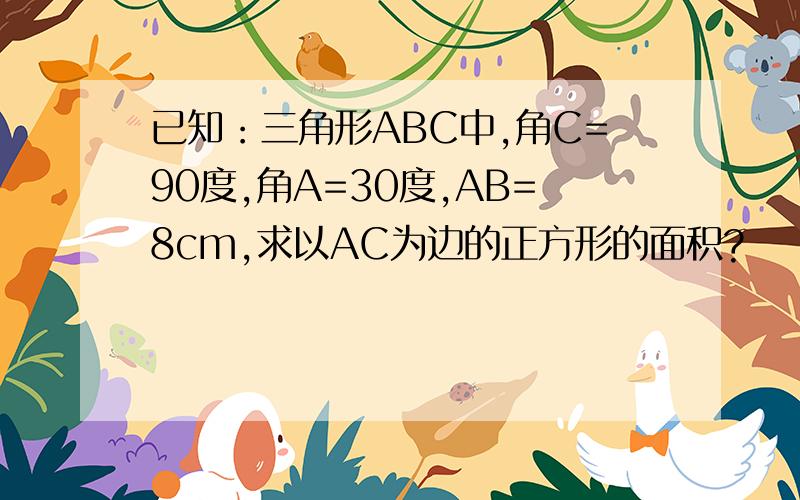 已知：三角形ABC中,角C=90度,角A=30度,AB=8cm,求以AC为边的正方形的面积?