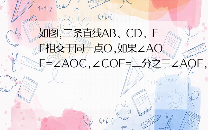 如图,三条直线AB、CD、EF相交于同一点O,如果∠AOE=∠AOC,∠COF=二分之三∠AOE,那么∠DOE的度数是?