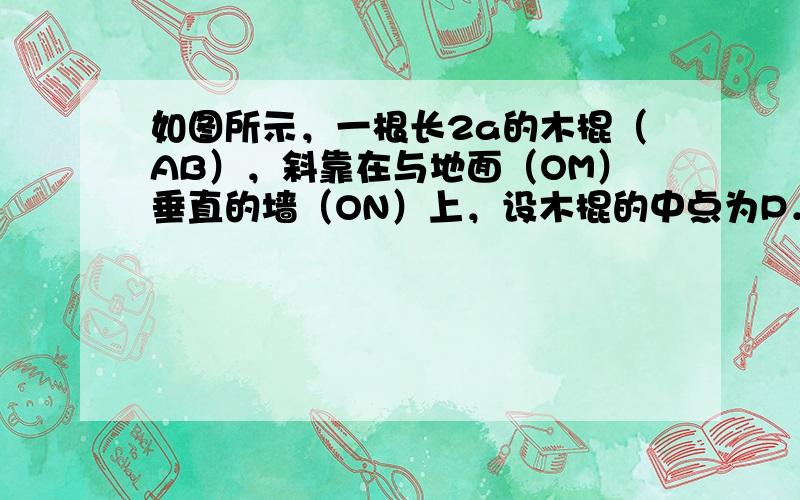 如图所示，一根长2a的木棍（AB），斜靠在与地面（OM）垂直的墙（ON）上，设木棍的中点为P．若木棍A端沿墙下滑，且B端