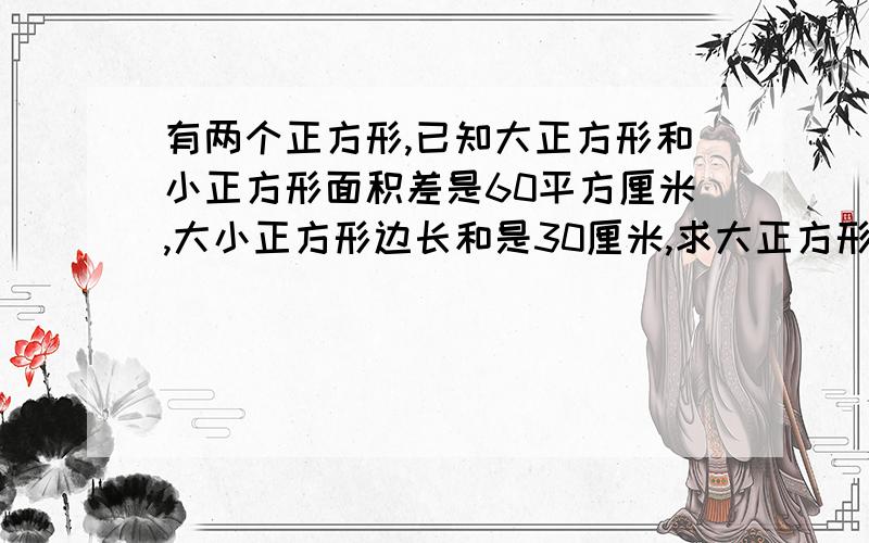 有两个正方形,已知大正方形和小正方形面积差是60平方厘米,大小正方形边长和是30厘米,求大正方形面积.