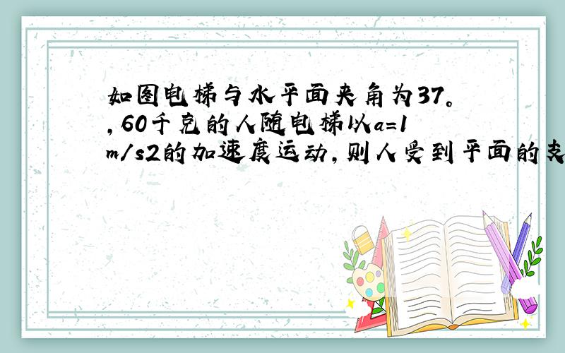 如图电梯与水平面夹角为37°，60千克的人随电梯以a=1m/s2的加速度运动，则人受到平面的支持力及摩擦力各为多大？（g