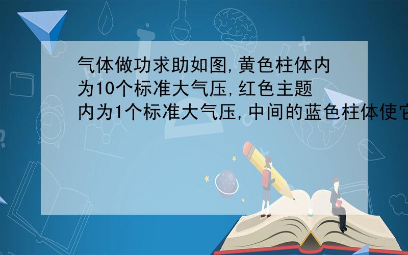 气体做功求助如图,黄色柱体内为10个标准大气压,红色主题内为1个标准大气压,中间的蓝色柱体使它们可以相通.蓝色柱体的截面