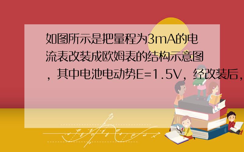 如图所示是把量程为3mA的电流表改装成欧姆表的结构示意图，其中电池电动势E=1.5V，经改装后，若将原电流表3mA刻度处