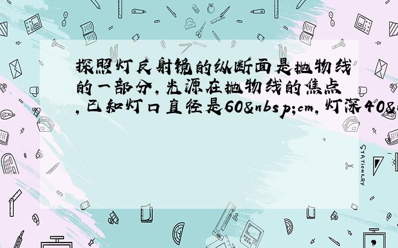 探照灯反射镜的纵断面是抛物线的一部分，光源在抛物线的焦点，已知灯口直径是60 cm，灯深40 cm，