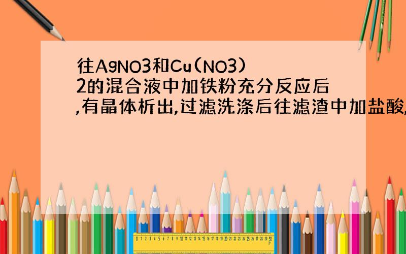 往AgNO3和Cu(NO3)2的混合液中加铁粉充分反应后,有晶体析出,过滤洗涤后往滤渣中加盐酸,有气体放出