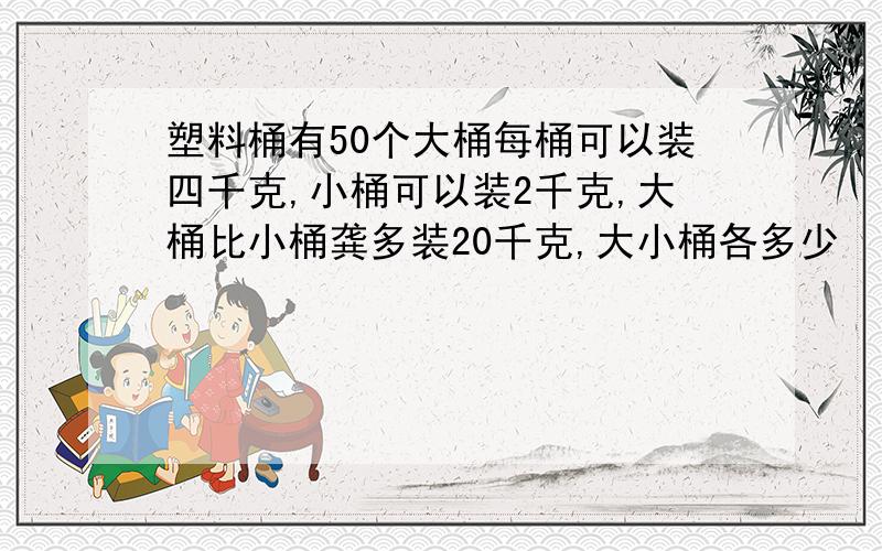 塑料桶有50个大桶每桶可以装四千克,小桶可以装2千克,大桶比小桶龚多装20千克,大小桶各多少